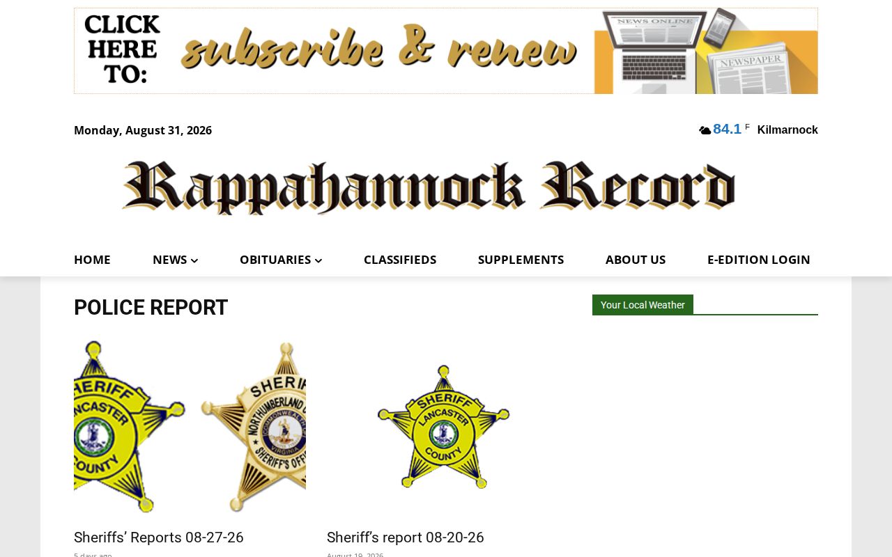 Lancaster County crime news source at the Rappahannock Record Police Report archive