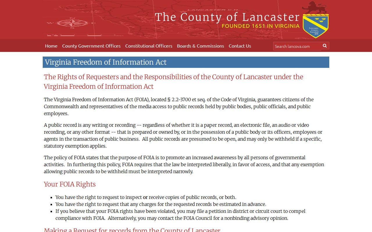 Lancaster County booking-record request route on the official county FOIA page