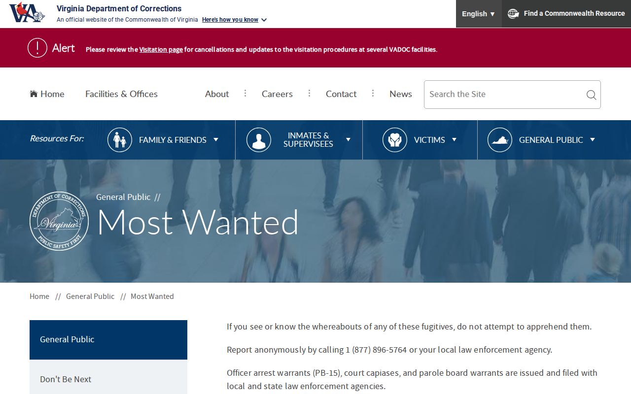 Lancaster County warrant-check context shown on the Virginia Department of Corrections Most Wanted page